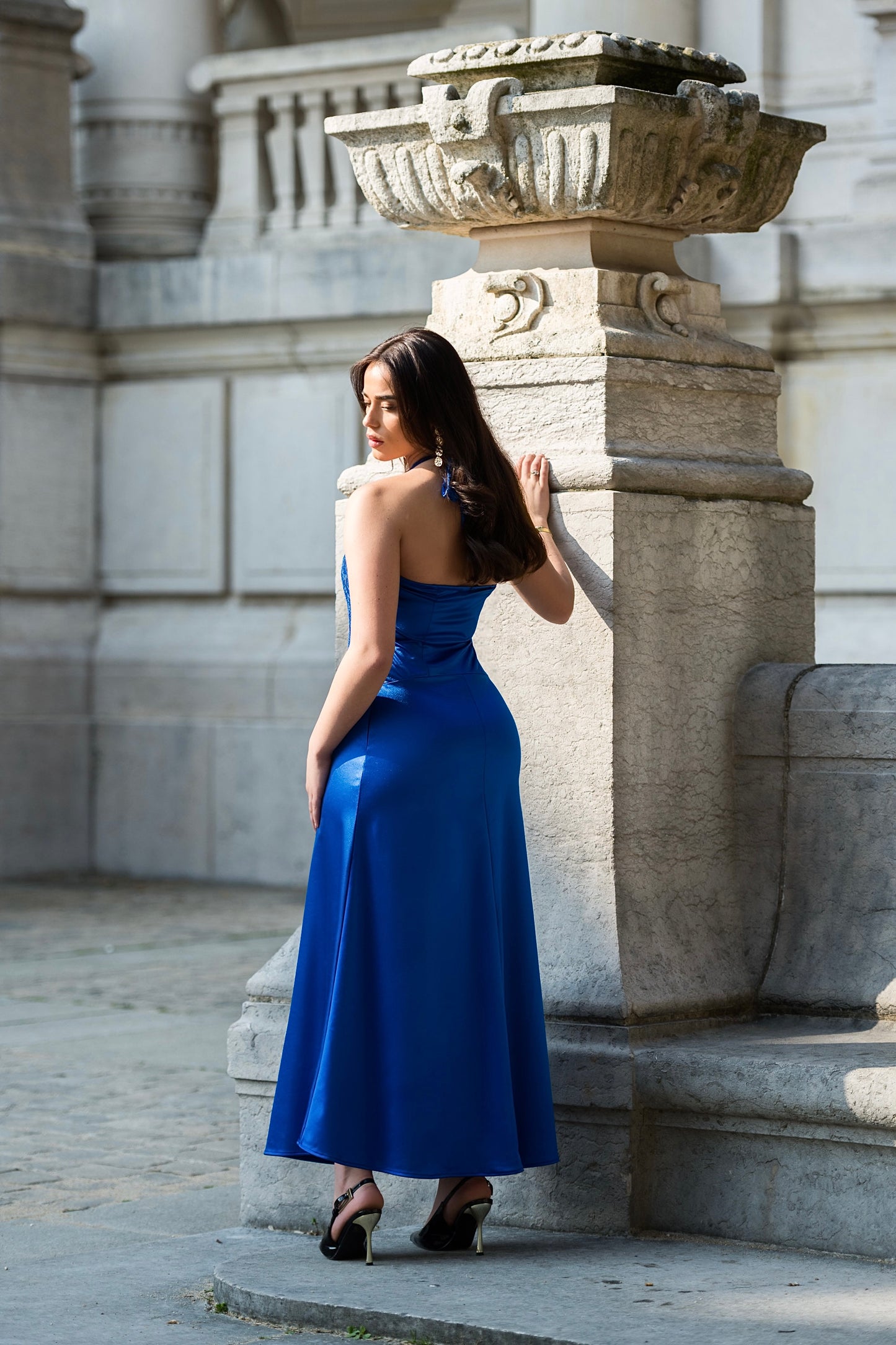 Elegant Night Lace Satin Silk Dress - Deep Blue