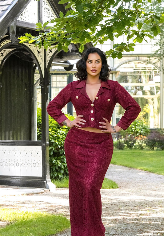 Sultan Hanım Satin Lace Blazer - Burgundy Red