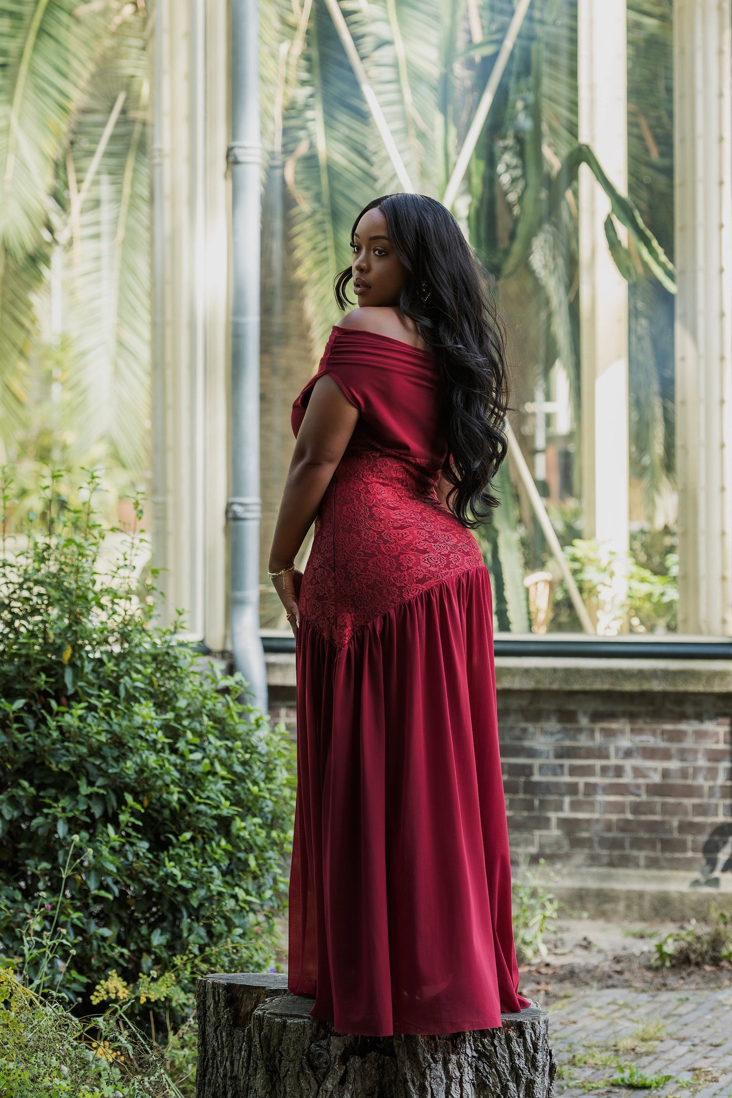 Asalet Lace Mesh Dress - Burgundy Red