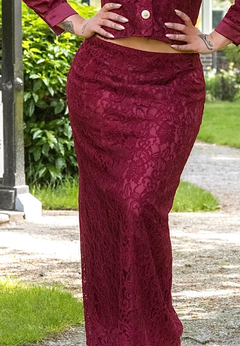 Sultan Hanım Satin Lace Skirt - Burgundy Red