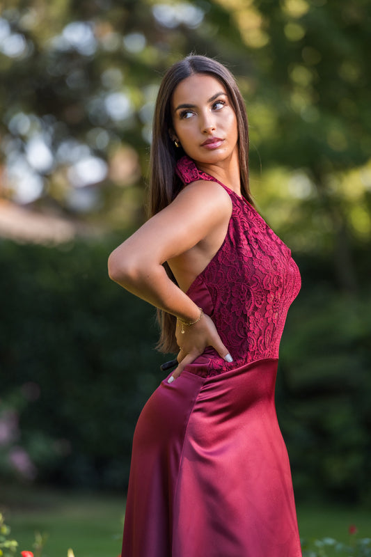 Elegant Night Lace Satin Silk Dress - Burgundy Red
