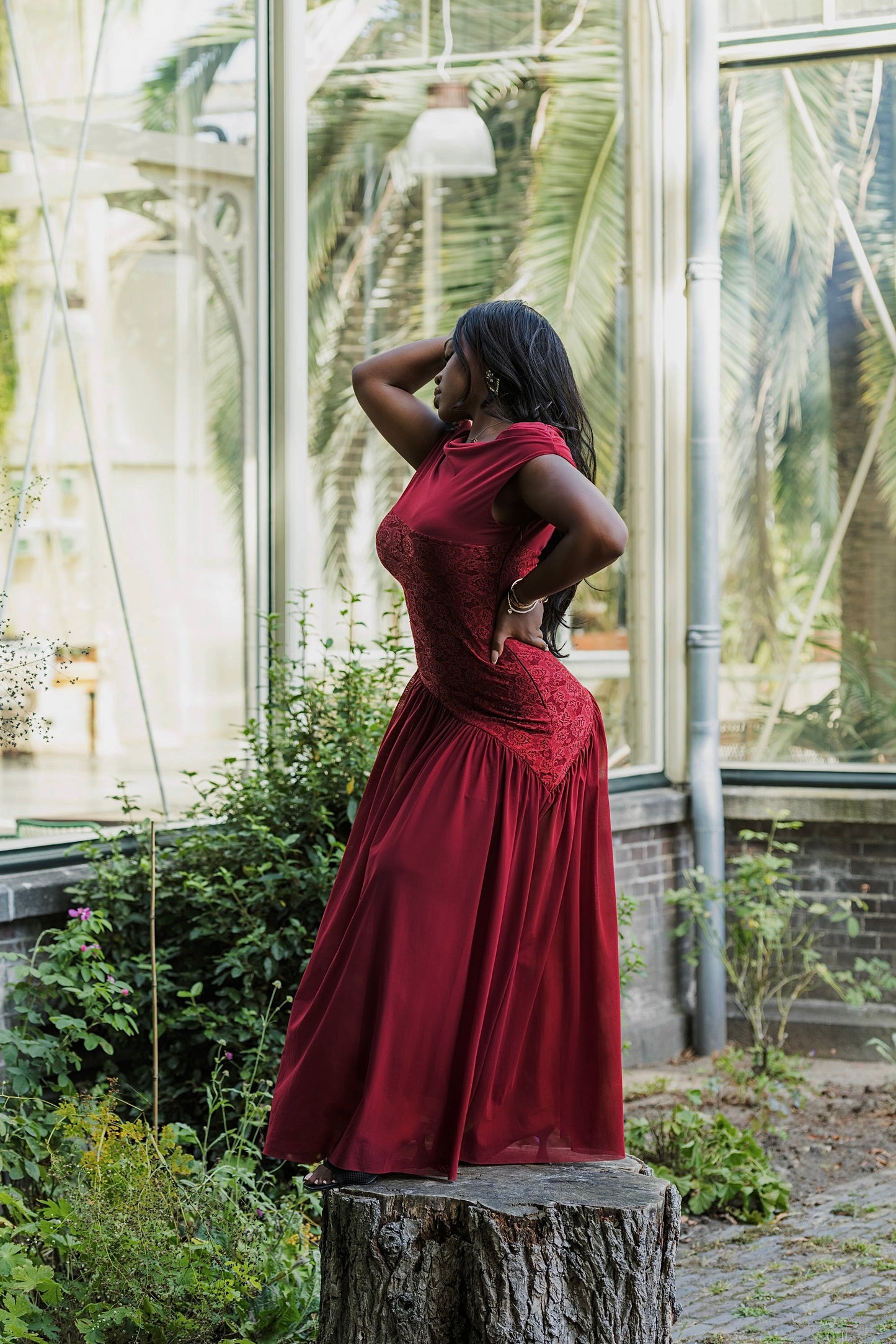 Asalet Lace Mesh Dress - Burgundy Red