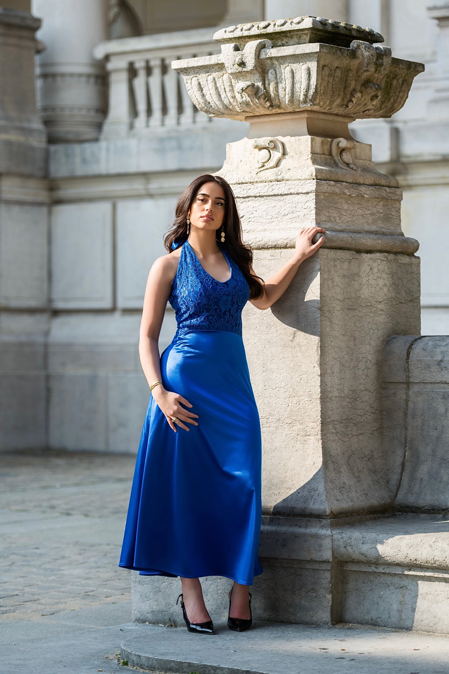 Elegant Night Lace Satin Silk Dress - Deep Blue