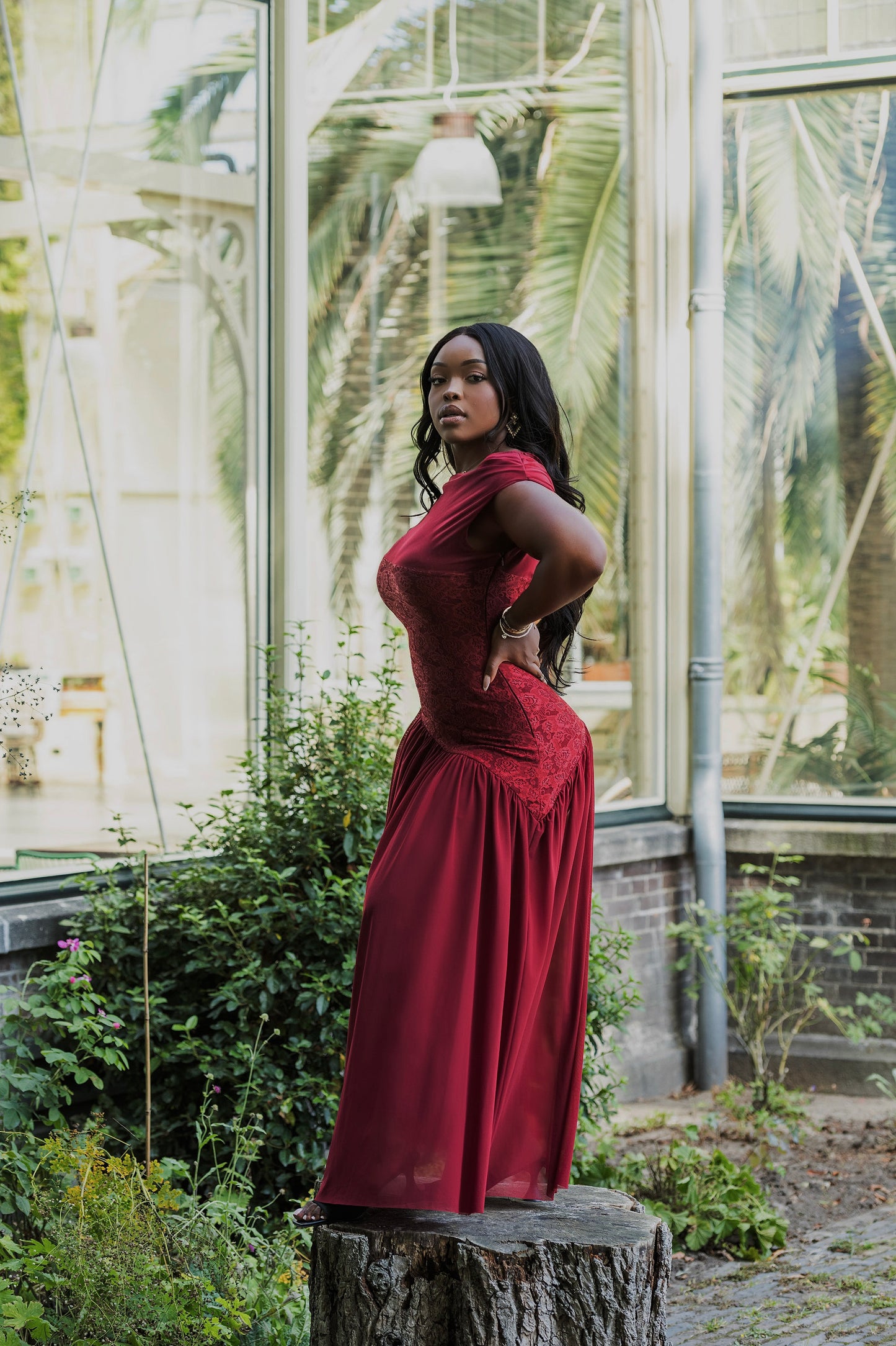 Asalet Lace Mesh Dress - Burgundy Red