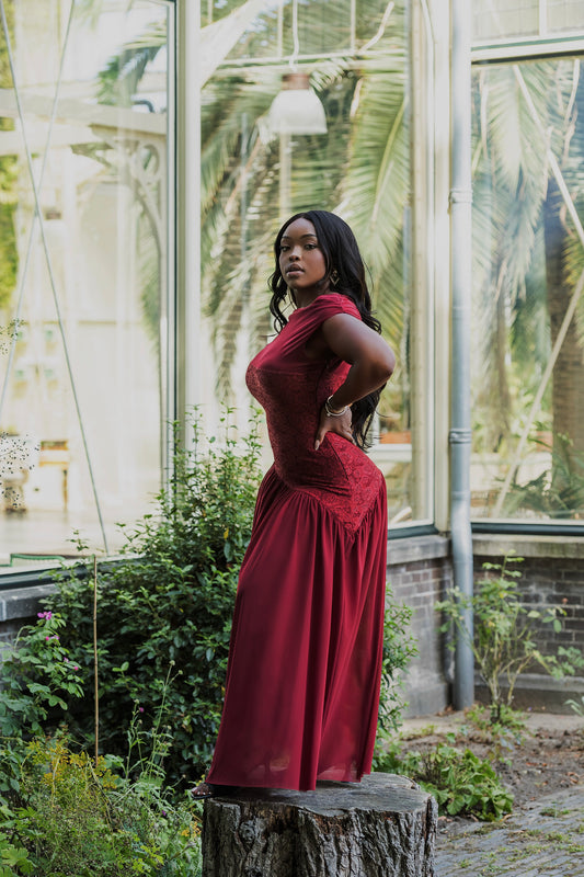 Asalet Lace Mesh Dress - Burgundy Red