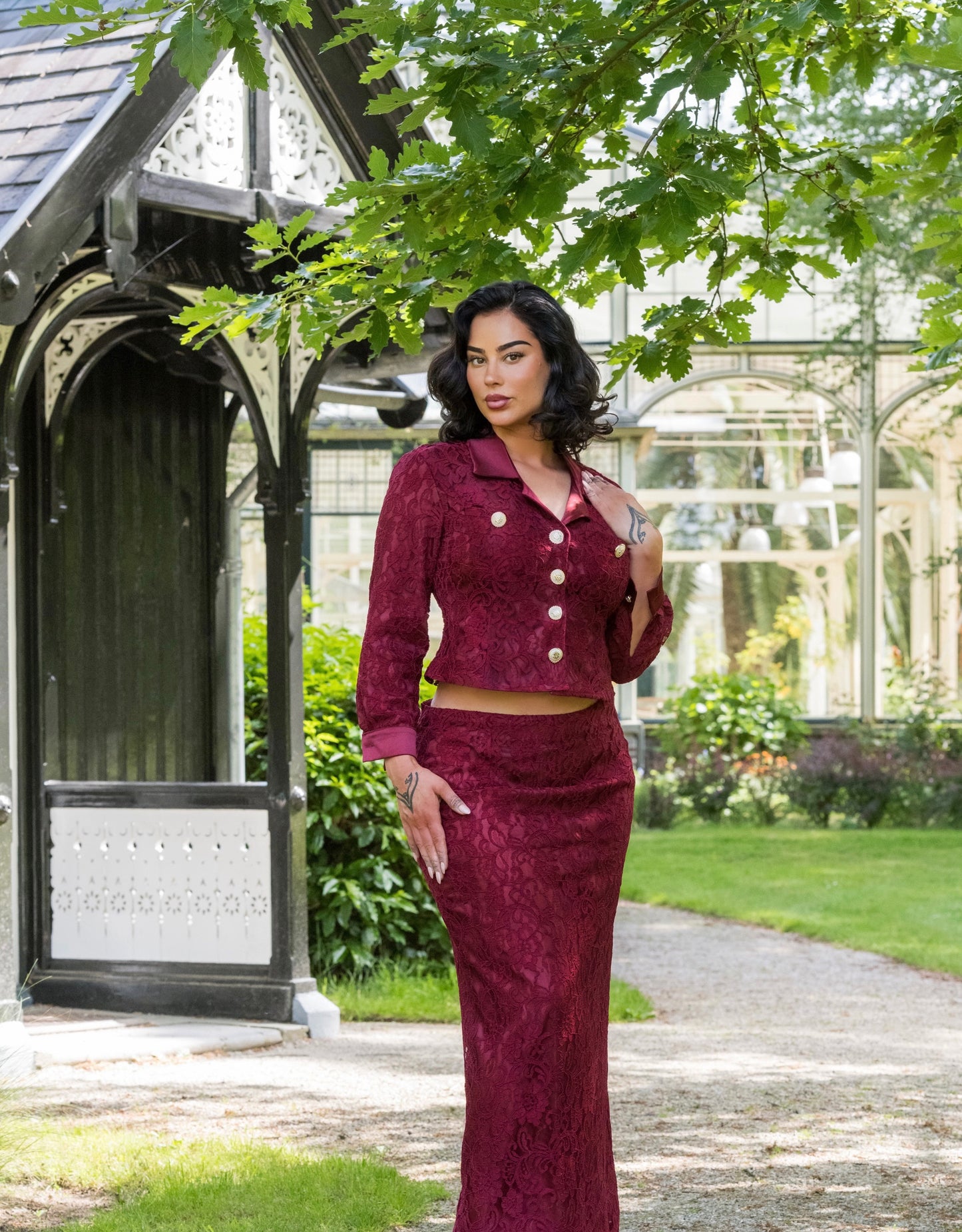 Sultan Hanım Satin Lace Skirt - Burgundy Red
