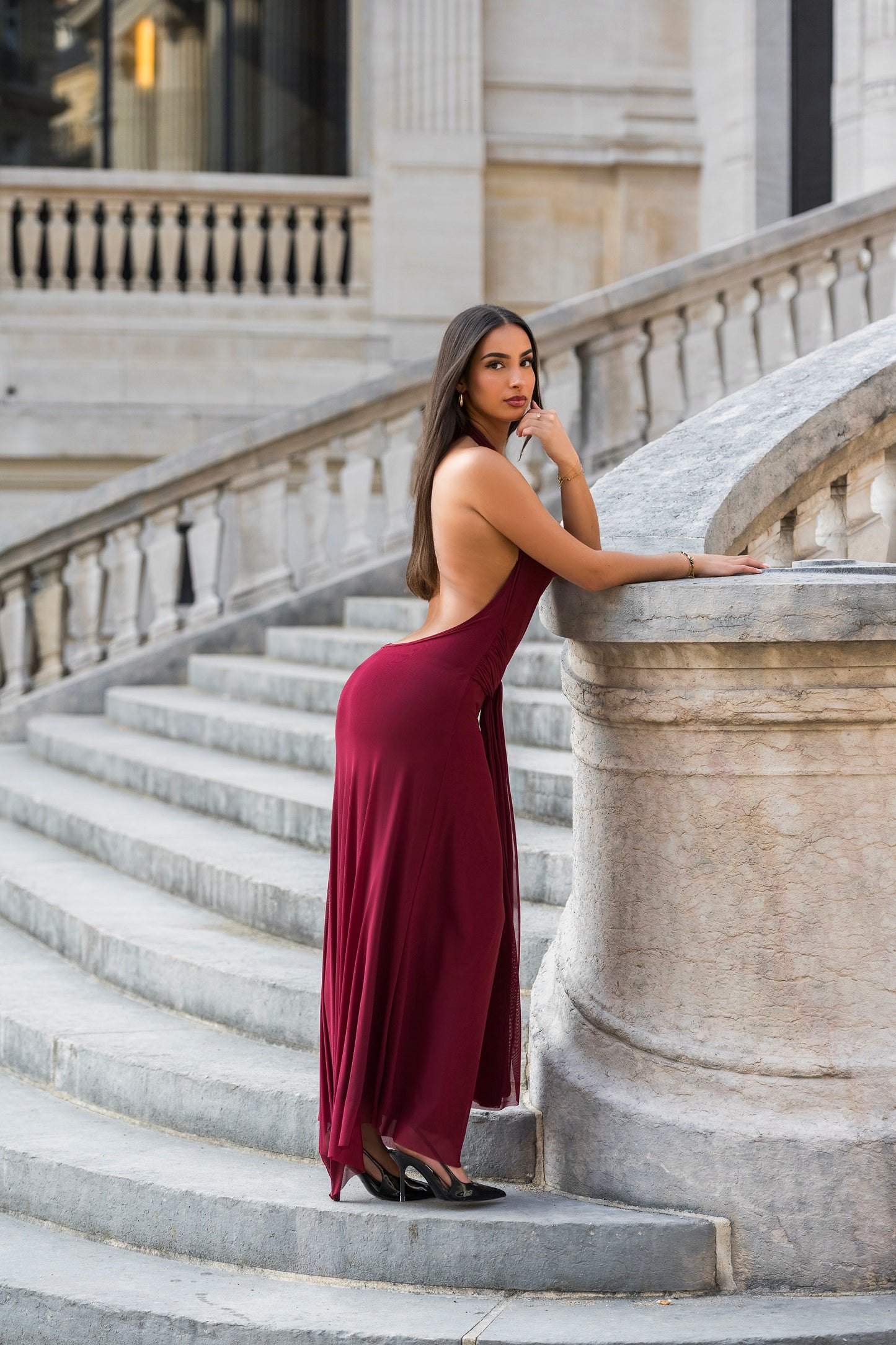 Ateş Dress - Low Back Design - Burgundy Red