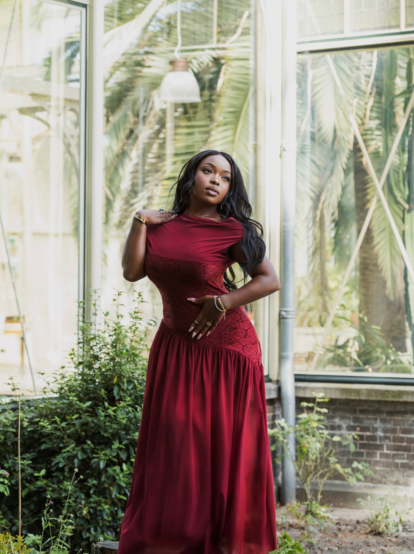Asalet Lace Mesh Dress - Burgundy Red