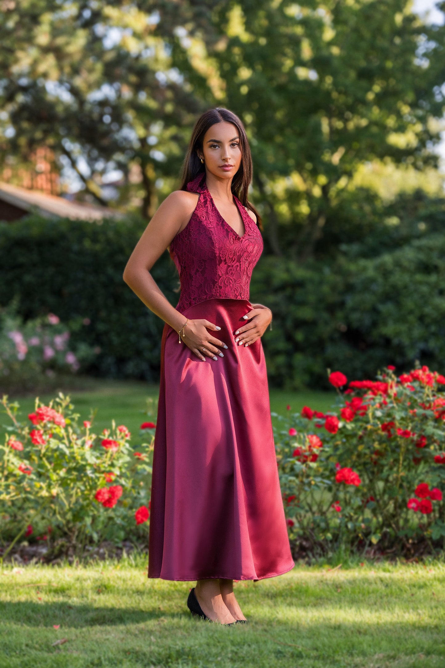 Zarif Gece Lace Satin Silk Dress - Burgundy Red