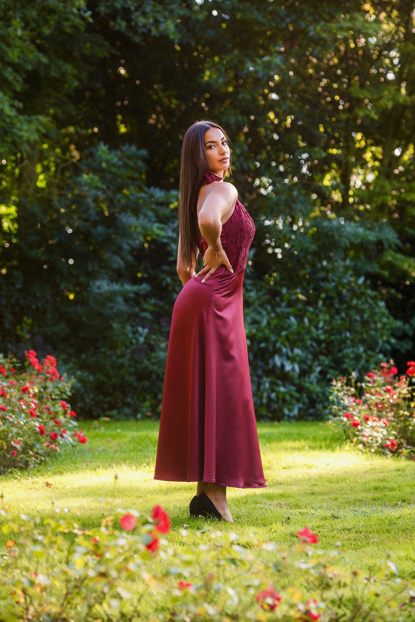 Elegant Night Lace Satin Silk Dress - Burgundy Red