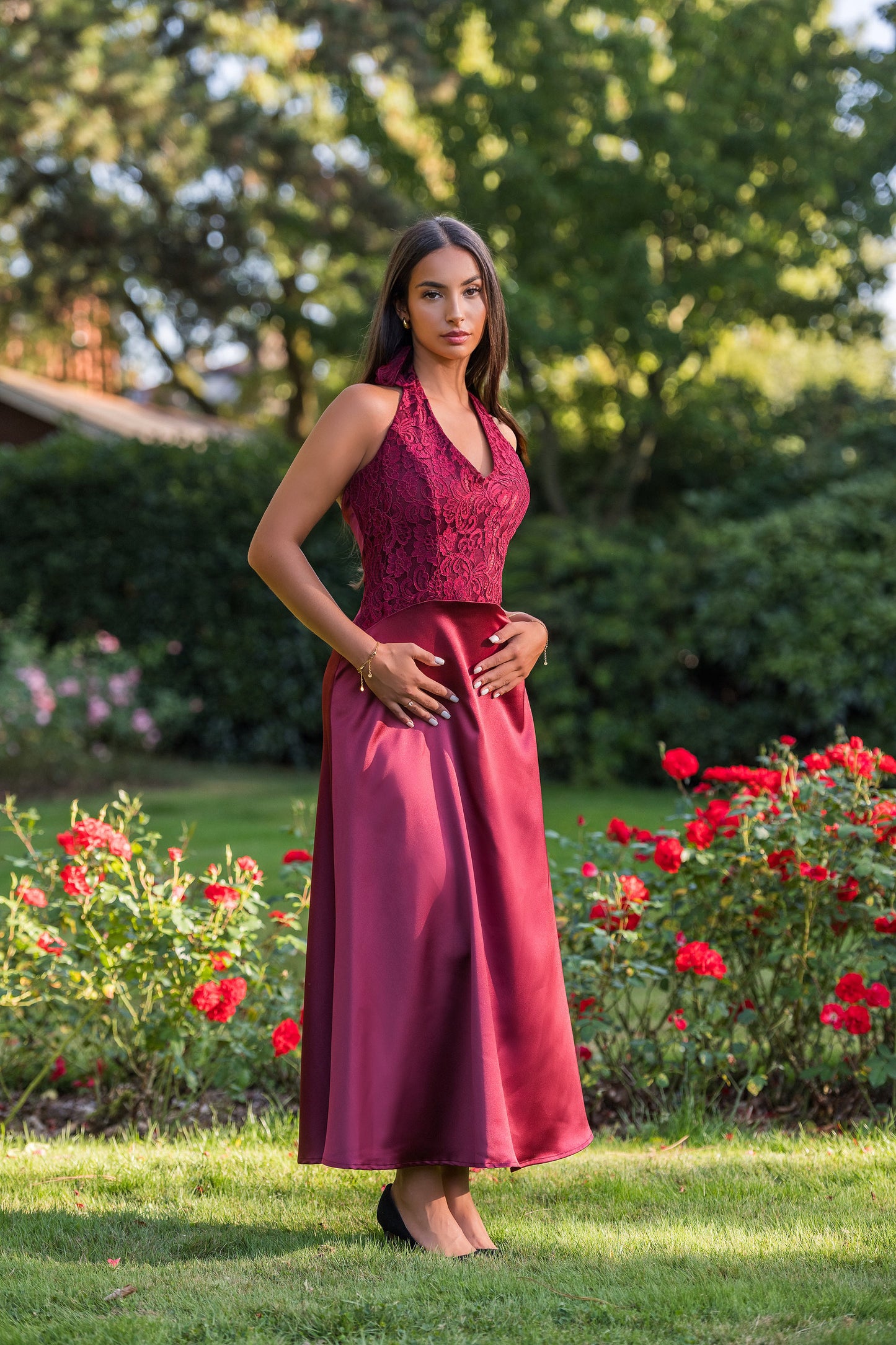 Elegant Night Lace Satin Silk Dress - Burgundy Red