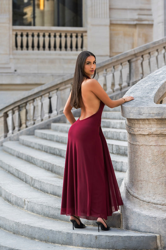 Ateş Dress - Low Back Design - Burgundy Red