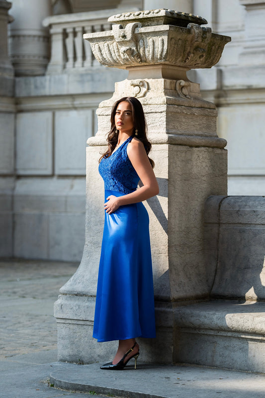 Elegant Night Lace Satin Silk Dress - Deep Blue