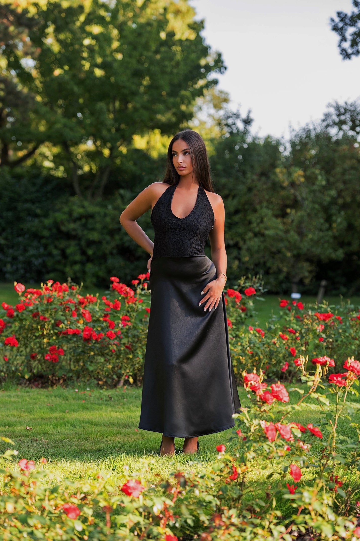 Elegant Night Lace Satin Silk Dress - Black