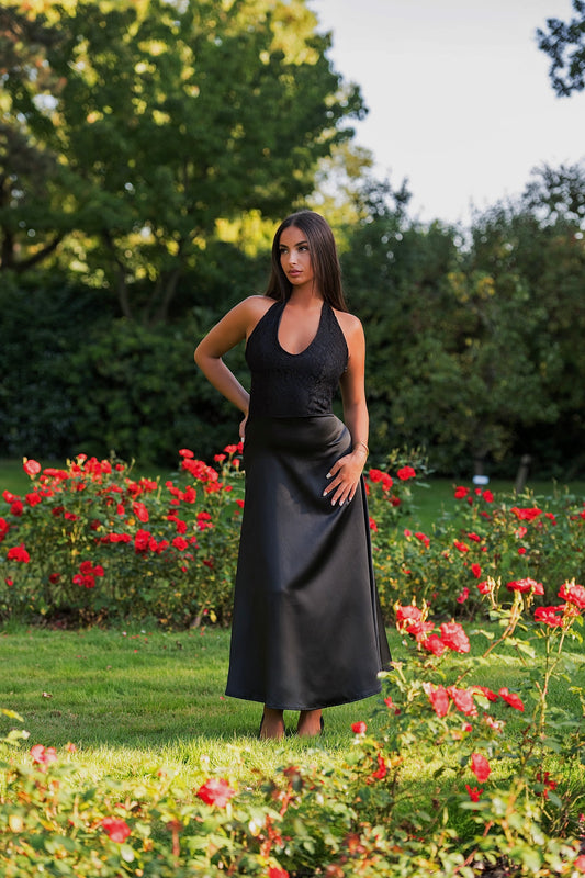 Elegant Night Lace Satin Silk Dress - Black