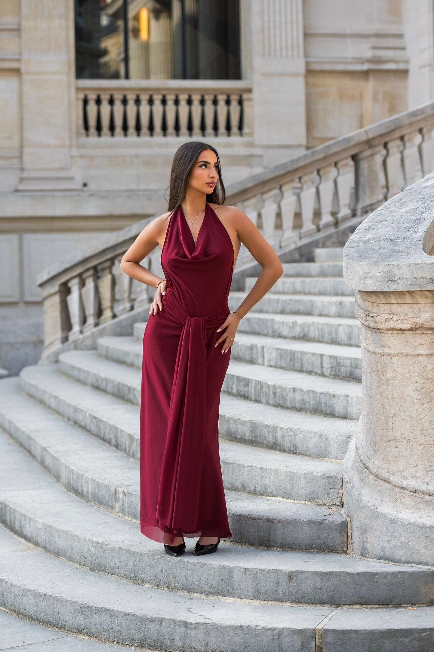 Ateş Dress - Low Back Design - Burgundy Red